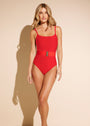 red one-piece swim bodysuit and swim belt