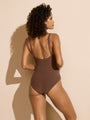 brown one-piece sculpting swim bodysuit