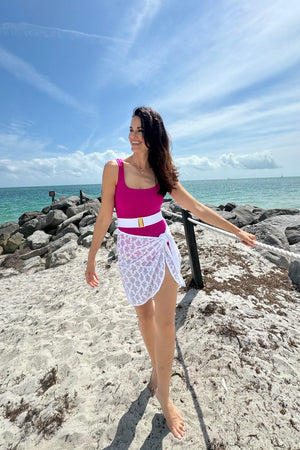 berry square neck one-piece tank swimsuit with white belt and white sarong