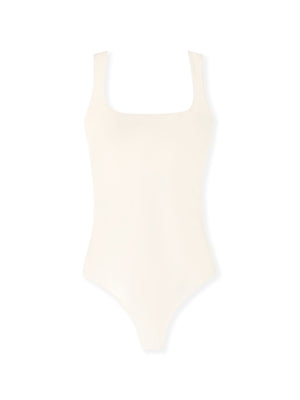 front of white square neck one-piece tank swimsuit when not worn