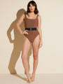 brown square neck tank one-piece swimsuit with black belt