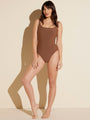front view of brown square neck tank one-piece swimsuit