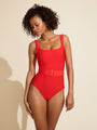 Red Square Neck Tank One-Piece Shapewear Swimsuit & Sculpting Swim Belt