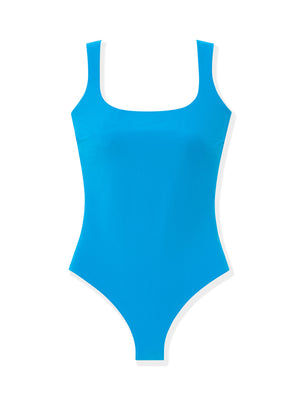 blue square neck one-piece swimsuit