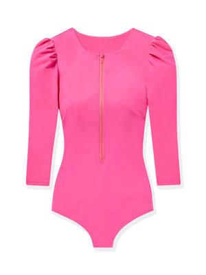 pink long sleeve one-piece swimsuit rashguard 