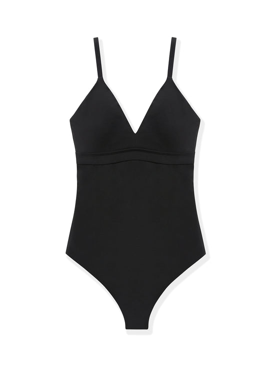 black dreamsculpt plunge v-neck one-piece swimsuit with tummy control on white background
