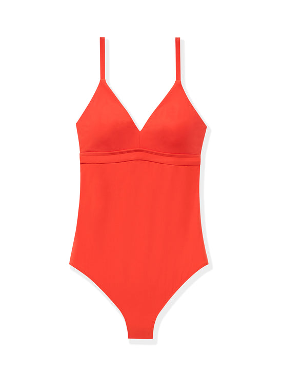 red dreamsculpt plunge v-neck one-piece swimsuit with tummy control fit on model on white background
