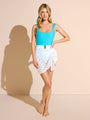 blue square neck tank one-piece swimsuit with belt and lace sarong