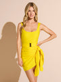 yellow square neck tank one-piece swimsuit with belt and sarong.