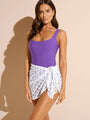 purple square neck tank one-piece swimsuit and sarong