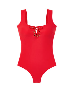 red dreamsculpt square neck one-piece lace-up tank swimsuit with tummy control on white background
