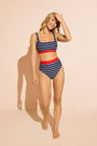 Navy and white striped DreamSculpt square-neck bikini top with chest support and bikini bottom on model standing in studio
