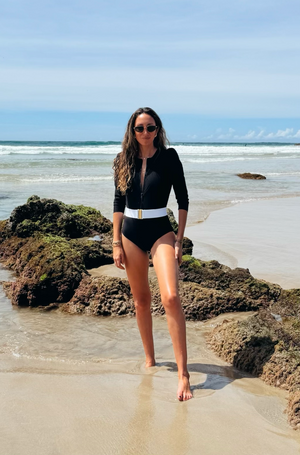 black long sleeve swimsuit and belt