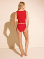 back of red swim tankini top and bottoms with tummy control 