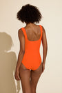 back view of tangerine square neck one-piece tank swimsuit when worn