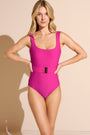 berry square neck one-piece tank swimsuit with pink belt 