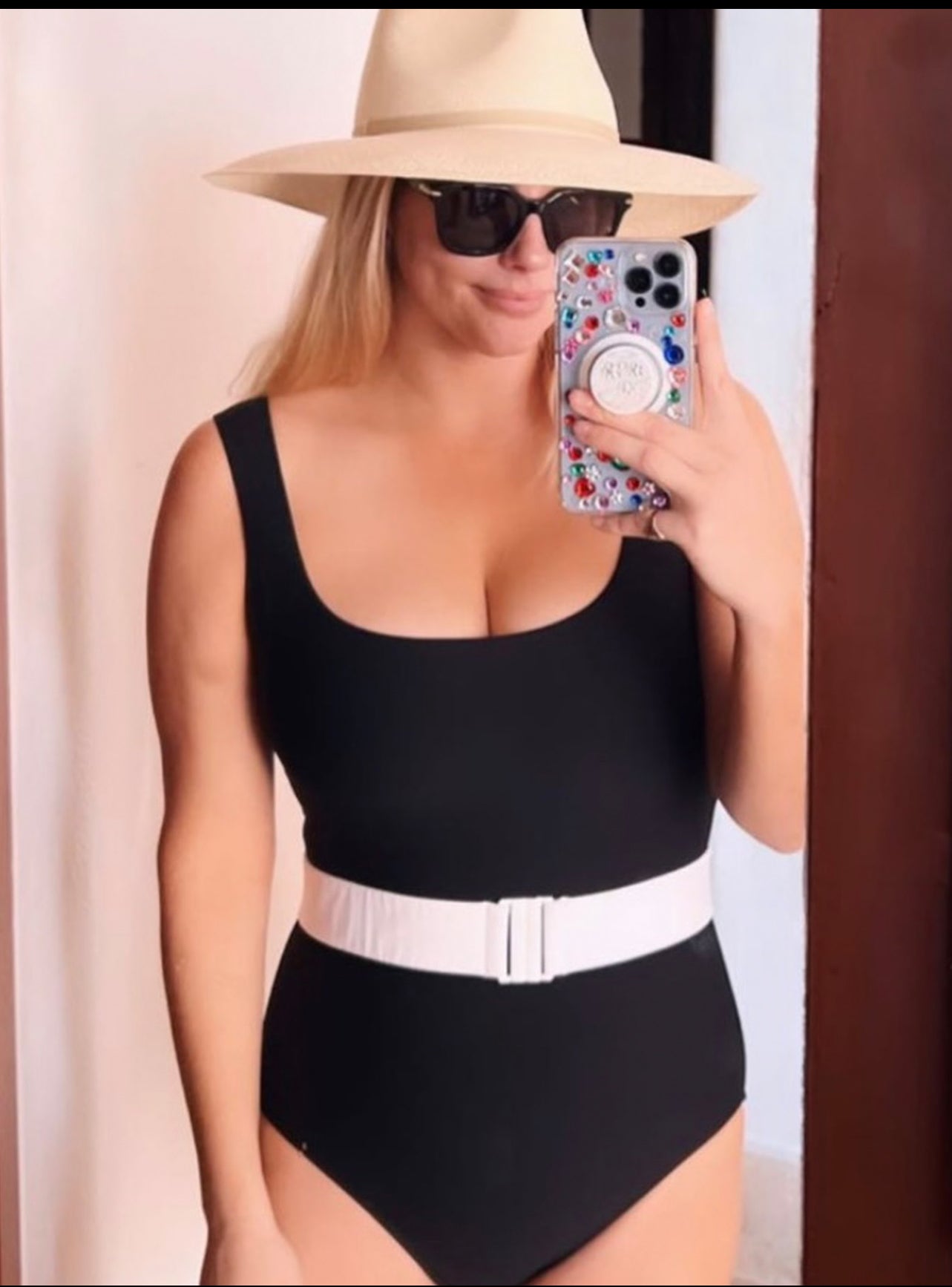 black square neck one piece tank swimsuit and white belt