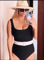 black square neck one piece tank swimsuit and white belt