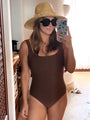 brown square neck one-piece tank swimsuit with chest support and tummy control
