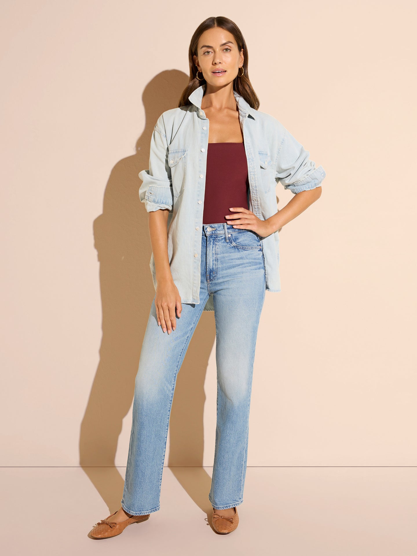 burgundy tankini top with denim shirt and jeans