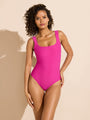 front view of berry square neck one-piece tank swimsuit when worn