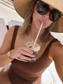 brown square neck one-piece tank swimsuit with superior tummy control