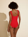 back of red square neck one-piece tank swimsuit