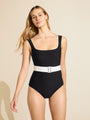 black square neck one piece tank swimsuit and white belt