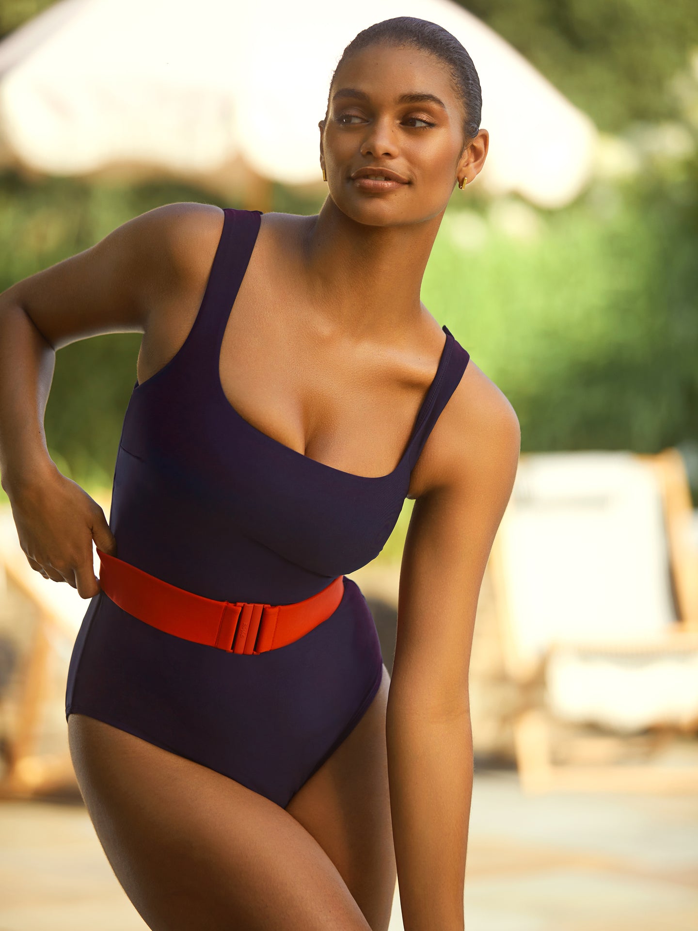 navy square neck one-piece tank swimsuit with red belt