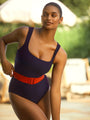 navy square neck one-piece tank swimsuit with red belt