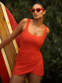 red square neck one-piece tank swimsuit with red sarong outfit